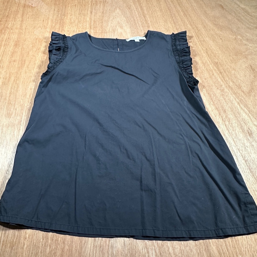 LOFT Ruffle Shoulder Blouse Women Size S Black Sleeveless Keyhole Back Top